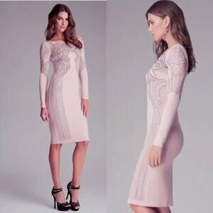 Bebe M Pink Bodycon Dress | Long Sleeve, Studded Evening, Cocktail, Wedding $298